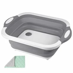 Deals ❤️ Collapsible Cutting Board, HI NINGER Chopping Board With Towel Kitchen Foldable Camping Dishes Sink Space Saving 3 In 1 Multifunction Storage Basket For BBQ Prep/Picnic/Camping (Grey) Cyan 😉