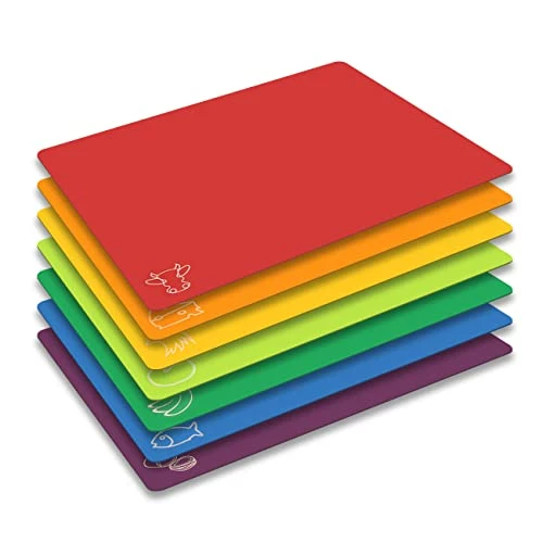 Best Sale 𧨠Cutting Board Mats Flexible Plastic Colored Mats With Food Icons, Fotouzy BPA-Free, Non-Porous, Anti-skid Back And Dishwasher Safe, Set Of 7 π
