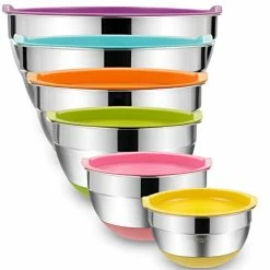 Coupon ✨ Mixing Bowls With Airtight Lids, 6 Piece Stainless Steel Metal Bowls By Umite Chef, Measurement Marks & Colorful Non-Slip Bottoms Size 7, 3.5, 2.5, 2.0,1.5, 1QT, Great For Mixing & Serving Gray 🎁