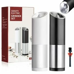 Promo ⌛ PwZzk Battery Operated Gravity Electric Pepper And Salt Grinder Mill Set With White Light Stainless Steel One Hand Automatic Operation Refillable With Adjustable Coarseness (Black&white,2 Pack) 💯
