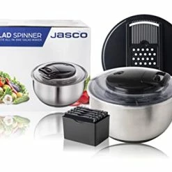 Promo 👍 Jasco Salad Spinner - Large, Stainless Steel - 6pc Mandoline Slicer For Kitchen - Salad Bowl With Lid & Pulley - Whisk Water Away For Crispy Greens & Clingy 👗 Dressing - Cut, Shred Slice Fruits Veggies Cheese 😉