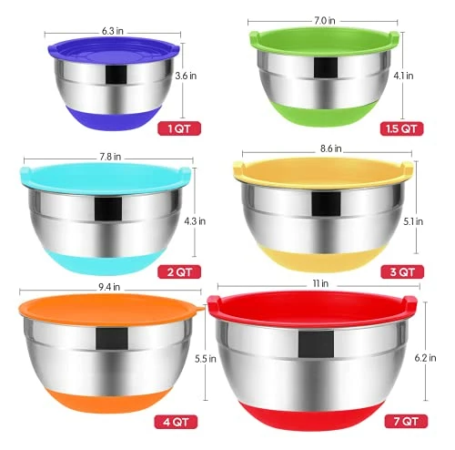 Best Sale π Rottay Mixing Bowls With Airtight Lids, 20PCS Stainless Steel Mixing Bowls Set, Nesting Bowls With 3 Grater Attachments & Non-Slip Bottoms, Size7, 4, 3, 2, 1.5, 1QT Bowls For Baking&Prepping Black π - Image 4
