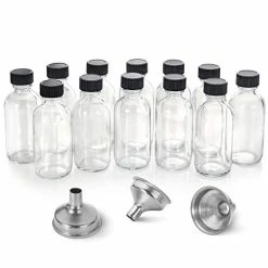 Best Pirce 👏 AOZITA 12 Pack, 2 Oz Small Clear Glass Bottles With Lids & 3 Stainless Steel Funnels - 60ml Boston Round Sample Bottles For Potion, Juice, Ginger Shots, Oils, Whiskey, Liquids - Mini Travel Bottles, NO Leakage 👍