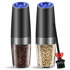 Coupon ✔️ MOVNO Gravity Electric Salt And Pepper Grinder Set Of 2 With Blue LED Light, Battery Powered Pepper Automatic Mill Grinder With A Brush, Adjustable Coarseness, One Hand Operation, Black 2 Pack ✨