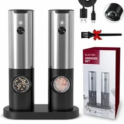 Top 10 ⭐ HOMCYTOP Electric Salt And Pepper Grinder Set W/ Rechargeable Base, Automatic Salt & Pepper Grinder, USB Cable, Pepper Mill Refillable, Adjustable Coarseness, One Hand Operation, LED Light ⭐