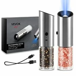 Brand new 🔔 VEVOK CHEF Rechargeable Electric Salt And Pepper Grinder Set With LED Light USB Automatic Gravity Stainless Steel Pepper Mill Spice Grinder Adjustable Coarseness One-handed Operation Housewarming Gifts Silver 🔔