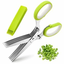 New ✨ Herb Scissors, X-Chef Multipurpose 5 Blade Kitchen Herb Shears Herb Cutter With Safety Cover And Cleaning Comb For Chopping Basil Chive Parsley (Green) 🔔