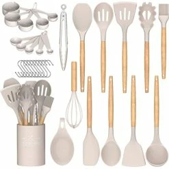 Deals 🔔 Umite Chef Kitchen Cooking Utensils Set, 33 Pcs Non-Stick Silicone Cooking Kitchen Utensils Spatula Set With Holder, Wooden Handle Silicone Kitchen Gadgets Utensil Set (Khaki) 👏