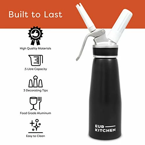 Budget ⭐ EurKitchen Professional Aluminum Whipped Cream Dispenser - Leak-Free Whip Cream Maker Canister With 3 Decorating Nozzles & Cleaning Brush - 1-Pint / 500 ML Cream Whipper - N2O Chargers (Not Included) Silver ✔️ - Image 4