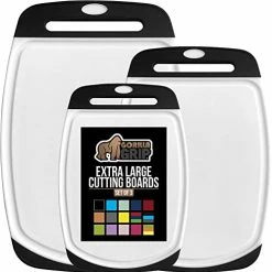 Best reviews of ⭐ Gorilla Grip Durable Kitchen Cutting Board Set Of 3, BPA Free, Reversible Use, Easy Grip Rubber Handles, Deep Juice Grooves, Large Food Chopping Boards, Dishwasher Safe, Chop Meat, Veggies, Black Almond/gray 🌟