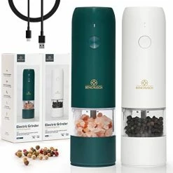 Best Pirce 👍 Benchusch Electric Salt And Pepper Grinder Set - USB Rechargeable Electric Grinders - Adjustable Ceramic Grind Mill Set For Black Peppercorn - Automatic Pepper Grinder With LED Light - 1xGreen And 1xWhit 👍