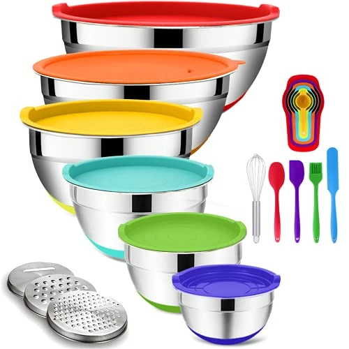 Best Sale π Rottay Mixing Bowls With Airtight Lids, 20PCS Stainless Steel Mixing Bowls Set, Nesting Bowls With 3 Grater Attachments & Non-Slip Bottoms, Size7, 4, 3, 2, 1.5, 1QT Bowls For Baking&Prepping Black π