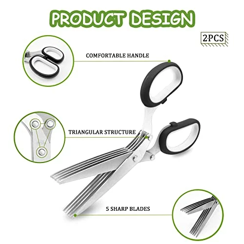 Best Sale 𧨠Frenflu 2 Pcs Herb Scissors, Multi-Blade Herb Scissors With Cover And Cleaning Comb, Stainless Steel Vegetable Scissors For Cutting Cilantro Onion Salad Garden Herbs, Heavy Kitchen Scissors (Black) π₯° - Image 3
