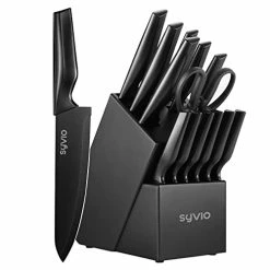 New 🎉 Syvio Knife Sets For Kitchen With Block, Kitchen Knife Sets 14 Piece With Built-in Sharpener, Kitchen Knives For Chopping, Slicing, Dicing&Cutting Brown ✨
