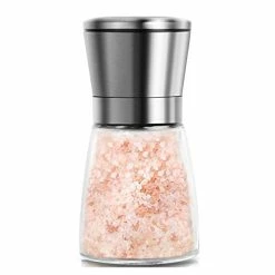 New ❤️ Mincham Manual Salt Or Pepper Grinder For Professional Chef, Best Spice Mill With Stainless Steel Cap, Ceramic Blades And Adjustable Coarseness, Refillable Glass Body With 6OZ Capacity Short Silver 2 Pack With Holder 😉