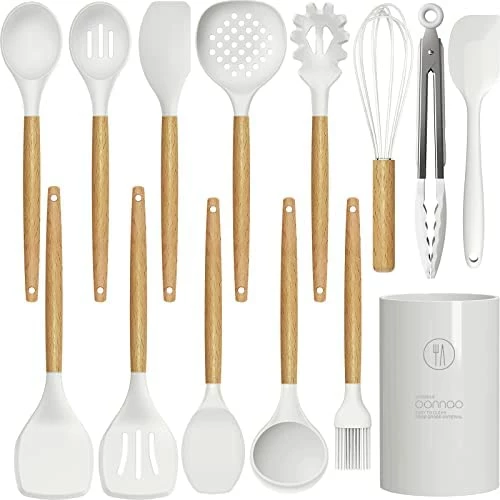 Promo 𧨠Oannao 14 Pcs Silicone Cooking Utensils Kitchen Utensil Set - 446Β°F Heat Resistant,Turner Tongs, Spatula, Spoon, Brush, Whisk, Wooden Handle Kitchen Gadgets With Holder For Nonstick Cookware (BPA Free Khaki) π - Image 10