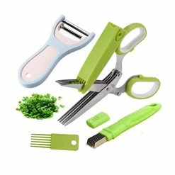 Top 10 🔥 DEJUN Herb Scissors Set - Kitchen Chopping Shears Multipurpose Herb Cutting Scissors With Stainless Steel 5 Blades And Cover, Cleaning Comb, Green Onion Cutter, Vegetable Peeler Kitchen Gadgets 🛒