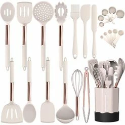 Buy 🛒 Silicone Cooking Utensil Set, Fungun Kitchen Utensils Set With Copper Handle 24 Pcs Kitchen Gadgets Tools Set, Non-stick Heat Resistant Kitchen Spatulas Set - Khaki… 💯