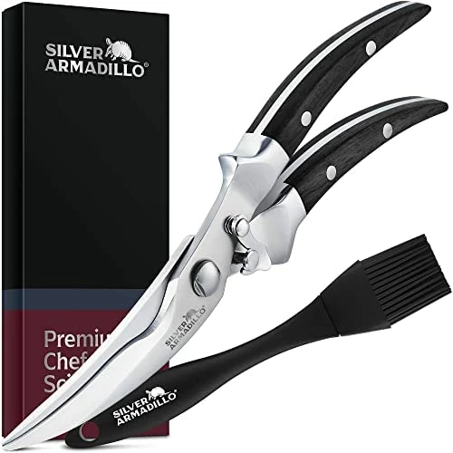 Wholesale π Silver Armadillo Heavy Duty Poultry Shears | Food Grade Stainless Steel Scissors For Bone, Chicken, Meat, Fish, Seafood, Vegetables | Anti-Rust Ergonomic Spring Loaded Food SHEAR | Built-In Lock |(Black Wood Handles) Brown Wooden Handles π - Image 5