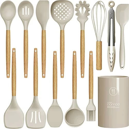 Promo 𧨠Oannao 14 Pcs Silicone Cooking Utensils Kitchen Utensil Set - 446Β°F Heat Resistant,Turner Tongs, Spatula, Spoon, Brush, Whisk, Wooden Handle Kitchen Gadgets With Holder For Nonstick Cookware (BPA Free Khaki) π - Image 9