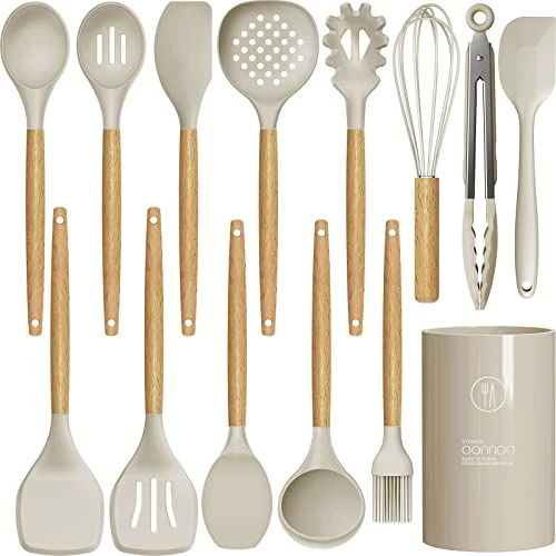 Promo 𧨠Oannao 14 Pcs Silicone Cooking Utensils Kitchen Utensil Set - 446Β°F Heat Resistant,Turner Tongs, Spatula, Spoon, Brush, Whisk, Wooden Handle Kitchen Gadgets With Holder For Nonstick Cookware (BPA Free Khaki) π