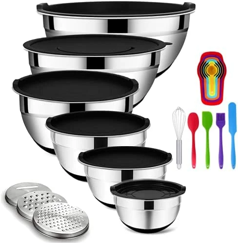 Best Sale π Rottay Mixing Bowls With Airtight Lids, 20PCS Stainless Steel Mixing Bowls Set, Nesting Bowls With 3 Grater Attachments & Non-Slip Bottoms, Size7, 4, 3, 2, 1.5, 1QT Bowls For Baking&Prepping Black π - Image 6
