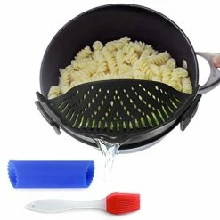 Coupon 🔔 Clip-On Kitchen Food Strainer For Spaghetti, Pasta, & Ground Beef Grease, Colander & Sieve Snaps On Bowls, Pots And Pans, Set Includes Silicone Strainer, Brush & Garlic Peeler By Salbree (Black) 🛒