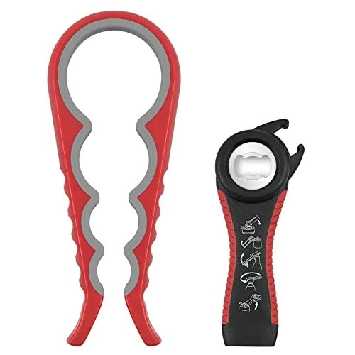 Best Sale π Elyum Jar Opener, 5 In 1 Bottle Opener Multi-Function Can Opener With Silicone Handle, Jar Opener For Weak Hands, Seniors With Arthritis, Lid Opener For Children (Red, 2-Piece Set) π
