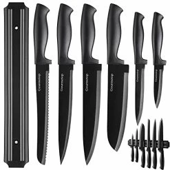 Best deal 😍 Gourmetop Kitchen Knife Set With No Drilling Magnetic Strip, Knives Set For Kitchen Black Titanium Cooking Knives, Sharp Stainless Steel Chef Knife Set For Cutting Meat & Vegetable, Dishwasher Safe 18 Pieces Stainless Steel ✔️