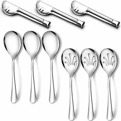 Brand new 🛒 Stainless Steel Metal Serving Utensils - Large Set Of 9-10" Serving Spoons, 10" Slotted Spoons, And 9" Serving Tongs By Teivio (Silver) 😉