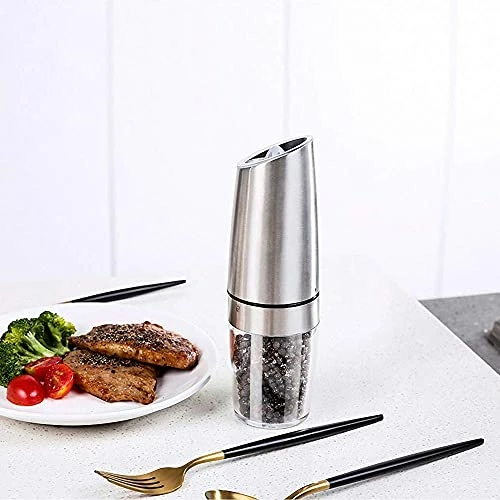New π AVNICUD Electric Salt And Pepper Grinder, Automatic Pepper Mill, Gravity Salt Grinder, Battery-Operated With Adjustable Coarseness, LED Light, One Hand Operated (Silver 2Pack) Upgraded π - Image 4