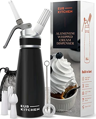 Budget ⭐ EurKitchen Professional Aluminum Whipped Cream Dispenser - Leak-Free Whip Cream Maker Canister With 3 Decorating Nozzles & Cleaning Brush - 1-Pint / 500 ML Cream Whipper - N2O Chargers (Not Included) Silver ✔️