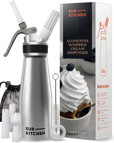 Budget ⭐ EurKitchen Professional Aluminum Whipped Cream Dispenser - Leak-Free Whip Cream Maker Canister With 3 Decorating Nozzles & Cleaning Brush - 1-Pint / 500 ML Cream Whipper - N2O Chargers (Not Included) Silver ✔️ - Image 7