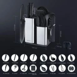 Budget ✨ RAXCO 18 Pieces Black Kitchen Set Cooking Utensils Set Stainless Steel Knife Set With Block, 7 Piece Silicone Cooking Utensils Set With Scissors Vegetable Peeler Knife Sharpeners Cutting Board 🧨