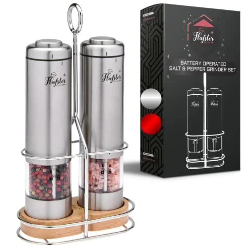 Outlet β¨ FLAFSTER KITCHEN Electric Salt And Pepper Grinder Set - Automatic Salt Pepper Mills With Light - Battery Operated Salt And Pepper Shakers With Stand - Refillable Pepper Grinders With Adjustable Coarseness π