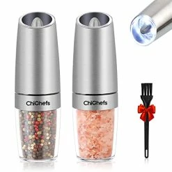 Promo 🎁 Gravity Electric Salt And Pepper Grinder Set, Automatic Salt And Pepper Mill Grinder, Battery Operated With White LED Light, Adjustable Coarseness, One Handed Operation, Stainless Steel By ChiChefs Silver Set 🔔