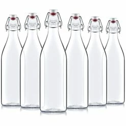 Promo 🧨 Bormioli Rocco Giara Swing Top Bottles 33 ¾ Ounce/1 Liter (6 Pack) ROUND Clear Glass Grolsch Flip Top Bottle With Stoppe 🤩