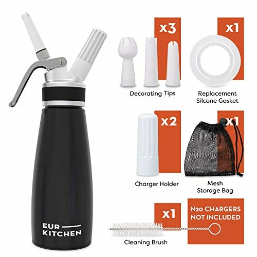 Budget ⭐ EurKitchen Professional Aluminum Whipped Cream Dispenser - Leak-Free Whip Cream Maker Canister With 3 Decorating Nozzles & Cleaning Brush - 1-Pint / 500 ML Cream Whipper - N2O Chargers (Not Included) Silver ✔️ - Image 2