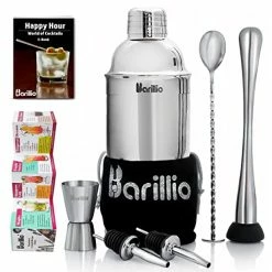 Outlet 😀 Barillio Elite Cocktail Shaker Set Bartender Kit 24 Oz Stainless Steel Martini Mixer, Muddler, Mixing Spoon, Jigger, 2 Liquor Pourers, Velvet Bag, Recipes Booklet & EBook Black 🛒