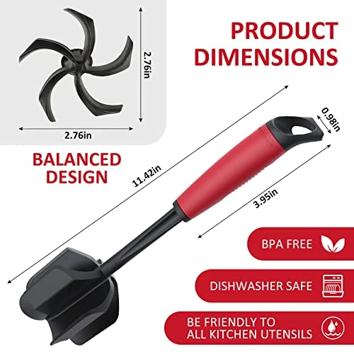 Promo π― Ourokhome Premium Hamburger Meat Chopper, 5 Curved Blades Ground Beef Masher Smasher For Ground Turkey, Avocado, Potato, Beans, Boiled Egg, Heat Resistant And Non Stick Kitchen Hacks, Black And Red β€οΈ - Image 3