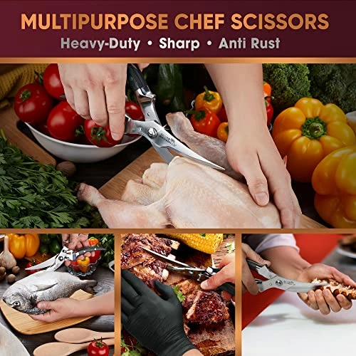 Wholesale π Silver Armadillo Heavy Duty Poultry Shears | Food Grade Stainless Steel Scissors For Bone, Chicken, Meat, Fish, Seafood, Vegetables | Anti-Rust Ergonomic Spring Loaded Food SHEAR | Built-In Lock |(Black Wood Handles) Brown Wooden Handles π - Image 3