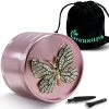 Flash Sale 💯 GREASURE Butterfly Pink Herb Grinder 2.5 Inch - Aluminum 4 Piece Cute Spice Grinder With Velvet Gift Pouch Bag, Scraper And Brush Tool ❤️