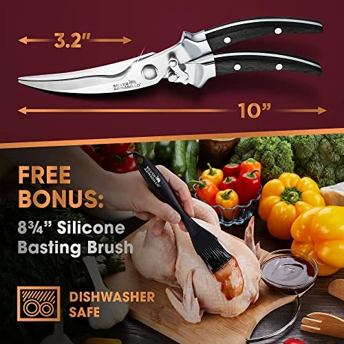 Wholesale π Silver Armadillo Heavy Duty Poultry Shears | Food Grade Stainless Steel Scissors For Bone, Chicken, Meat, Fish, Seafood, Vegetables | Anti-Rust Ergonomic Spring Loaded Food SHEAR | Built-In Lock |(Black Wood Handles) Brown Wooden Handles π - Image 4