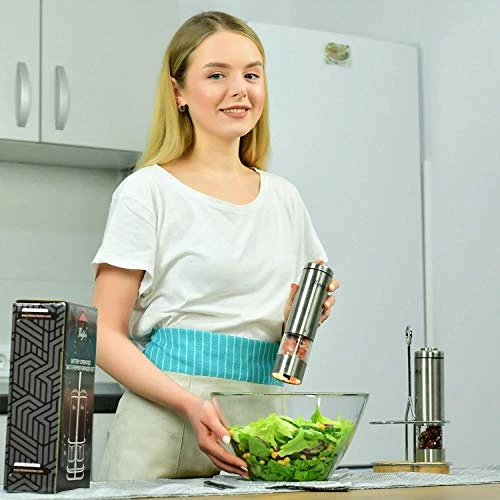 Outlet β¨ FLAFSTER KITCHEN Electric Salt And Pepper Grinder Set - Automatic Salt Pepper Mills With Light - Battery Operated Salt And Pepper Shakers With Stand - Refillable Pepper Grinders With Adjustable Coarseness π - Image 6