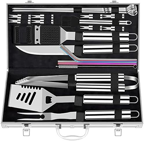 Buy 💯 ROMANTICIST 25pcs Extra Thick Stainless Steel Grill Tool Set For Men, Heavy Duty Grilling Accessories Kit For Backyard, BBQ Utensils Gift Set With Spatula,Tongs In Aluminum Case For 🥳 Birthday Brown 2-black ⌛ - Image 6