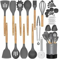 Best deal 😍 Silicone Cooking Utensil Set, 26 Pcs Kitchen Utensils Cooking Utensils Set By Fungun, Non-stick Heat Resistant Kitchen Gadgets Cookware With Natural Wooden Handle -(Gray) 🥰