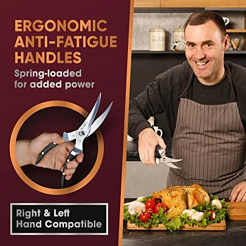 Wholesale π Silver Armadillo Heavy Duty Poultry Shears | Food Grade Stainless Steel Scissors For Bone, Chicken, Meat, Fish, Seafood, Vegetables | Anti-Rust Ergonomic Spring Loaded Food SHEAR | Built-In Lock |(Black Wood Handles) Brown Wooden Handles π - Image 2