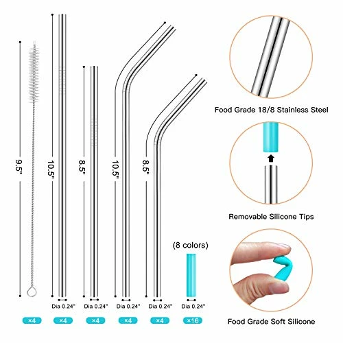 Cheap π StrawExpert Set Of 16 Reusable Stainless Steel Straws With Travel Case Cleaning Brush Silicone Tips Eco Friendly Extra Long Metal Straws Drinking For 20 24 30 Oz Tumbler Rainbo π - Image 4