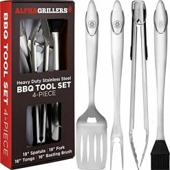 Cheapest 👍 Alpha Grillers Grill Set Heavy Duty BBQ Accessories - BBQ Tool Set 4pc Grill Accessories With Spatula, Fork, Brush & BBQ Tongs - Gifts For Dad Durable, Stainless Steel Grill Too ❤️