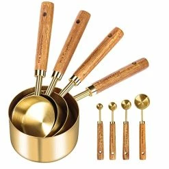 Coupon 🧨 GuDoQi Measuring Cups And Spoons Set Of 8, Wood Handle With Metric And US Measurements, Premium Stainless Steel, Golden Polished Finish, Dry & Liquid Measuring Cup, For Cooking And Baking 🧨